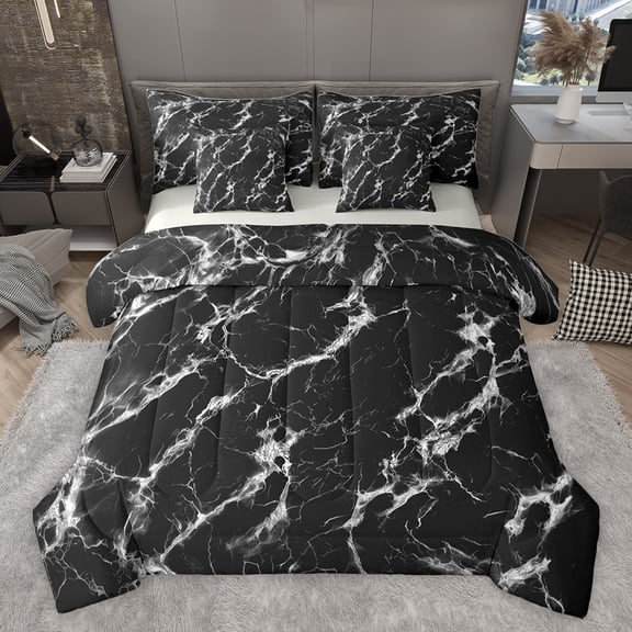 Castle Fairy Boys Girls Abstract Gradient Marble Bedding Comforter Set 7-Piece,Stone Pattern King Bedding Sets,Black White Ultra Soft Bed Sheets,Breathable Home Decor,Reversible