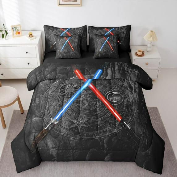 Castle Fairy 7-Piece King Size Bedding Set, Abstract Lightsaber Vintage Retro Print