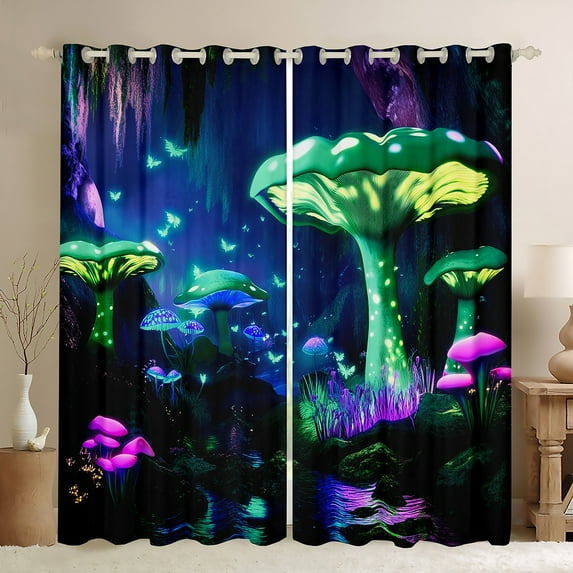 Castle Fairy Boys Girls Abstract Mushroom Curtains Pack of 2 (42x84 Each),Neon Lights Botanical Plants Curtains Blackout,Flying Butterflies Bedroom Curtains,Super Cozy Room Decor