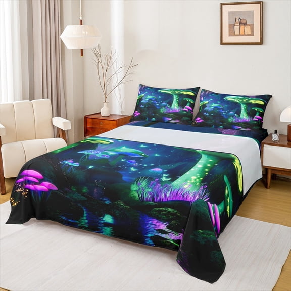 Castle Fairy Boys Girls Abstract Mushroom Twin Sheet Sets 3pcs,Neon Lights Botanical Plants Twin Fitted Sheet Microfiber,Flying Butterflies Breathable Flat Sheet,Super Cozy Room Decor