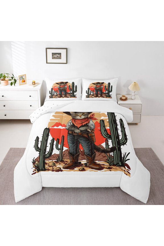 Boys Girls Animal Cat Cowboy Bedding Comforter Set 2pcs,Western Theme Twin Comforter Sets Microfiber,Chic Floral Cactus Breathable Bedding Set,Breathable Home Decor,Reversible