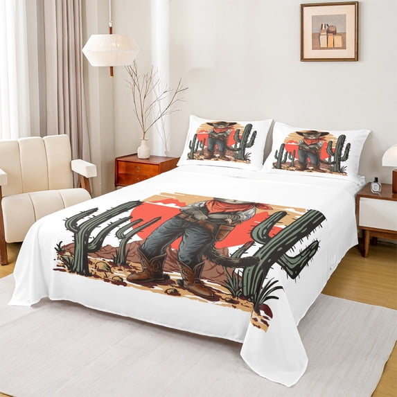 Castle Fairy Boys Girls Animal Cat Cowboy Full Size Sheets 4-Piece,Western Theme Breathable Bed Sheets,Chic Floral Cactus Lightweight Sheet Sets,Breathable Home Decor