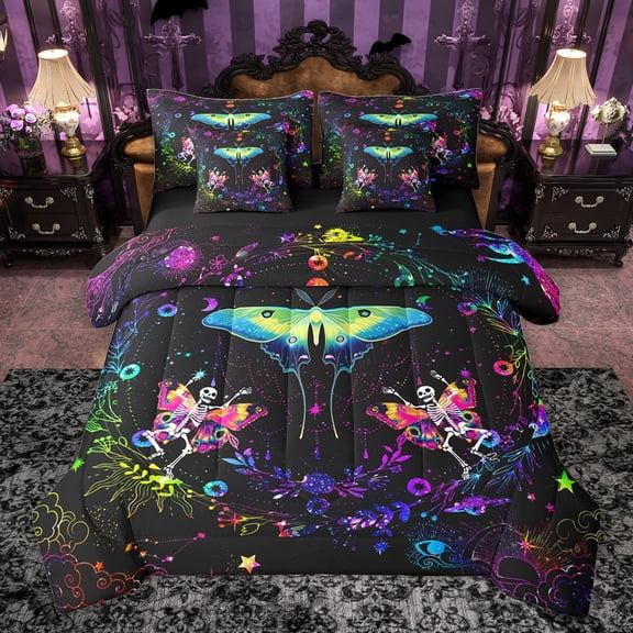 Castle Fairy Boys Girls Animal Flying Moth Bedding Comforter Set 7 Pieces,Gothic Abstract Skeleton Full Bedding Set Lightweight,Bohemian Gradient Ombre Fitted Sheet Flat Sheet,Luxury Bedroom Decor