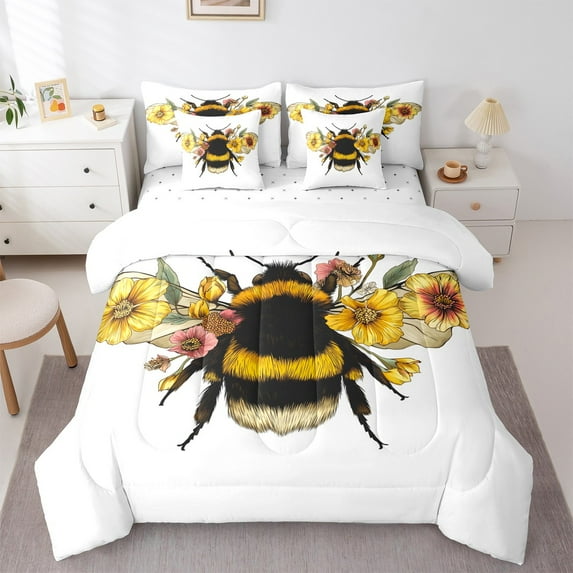 Castle Fairy Boys Girls Animal Honeybee Bedding Comforter Set 7 Pieces,Chic Floral Flowers Full Bedding Set Lightweight,Spring Garden Fitted Sheet Flat Sheet,Luxury Bedroom Decor,Reversible