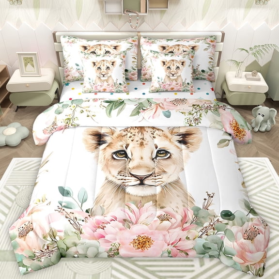 Castle Fairy Boys Girls Animal Lion Bedding Comforter Set 7-Piece,Chic Floral Rose King Bedding Sets,Jungle Wildlife Ultra Soft Bed Sheets,Breathable Home Decor,Reversible