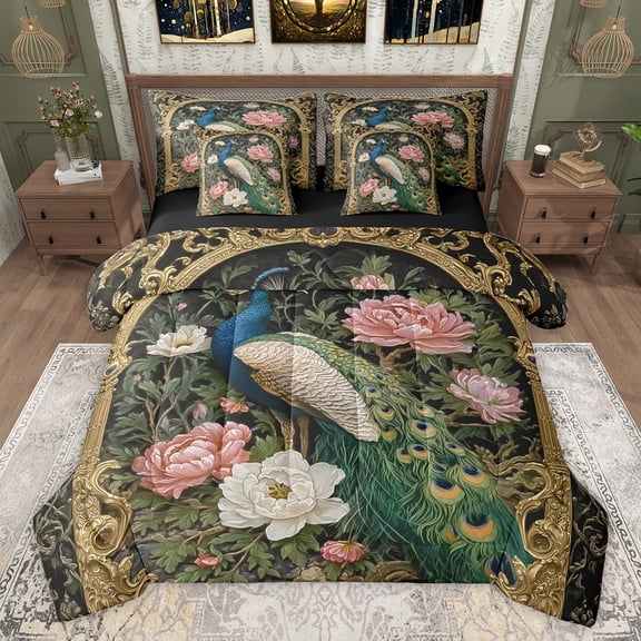 Castle Fairy Boys Girls Animal Peacock Bedding Comforter Set 7pcs,Chic Floral Peony Queen Bedding Sets Super Cozy,Luxury Vintage Aesthetic Queen Sheet Sets,Lightweight Room Decor,Reversible