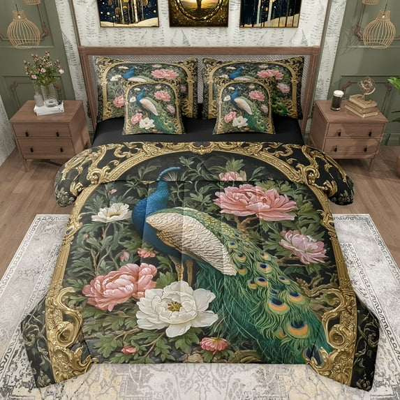 Castle Fairy Boys Girls Animal Peacock Twin Bedding Sets 7-Piece,Chic Floral Peony Bedding Comforter Set Microfiber,Luxury Vintage Aesthetic Breathable Sheet Sets,Lightweight Room Decor,Reversible