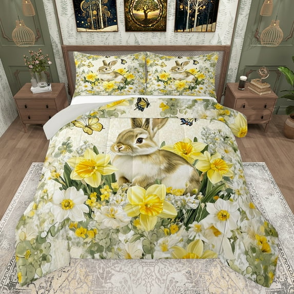Castle Fairy Boys Girls Animal Rabbit Flying Butterflies Full Size Comforter Sets 3-Piece,Chic Floral Narcissus Bedding Comforter Set,Retro Vintage Aesthetic Lightweight Bedding Sets