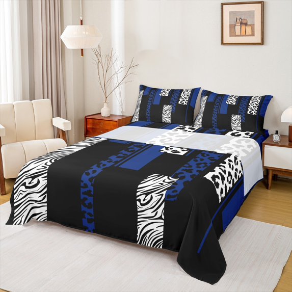 Castle Fairy Boys Girls Animal Zebra Leopard Print 4 Pieces Queen Sheet Sets,Abstract Geometric Rectangle Stripes Ultra Soft Flat Sheet,Black Blue Queen Fitted Sheet,Breathable Home Decor