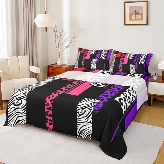 Castle Fairy Boys Girls Animal Zebra Leopard Print 4pcs Bed Sheets,Abstract Geometric Rectangle Stripes King Sheets,Black Pink Purple Super Cozy Sheet Set,Breathable Home Decor