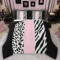 Castle Fairy Boys Girls Animal Zebra Leopard Print Bedding Comforter Set 2pcs,Abstract Geometric Stripes Twin Comforter Sets Microfiber,Black Pink Breathable Bedding Set,Breathable Home Decor