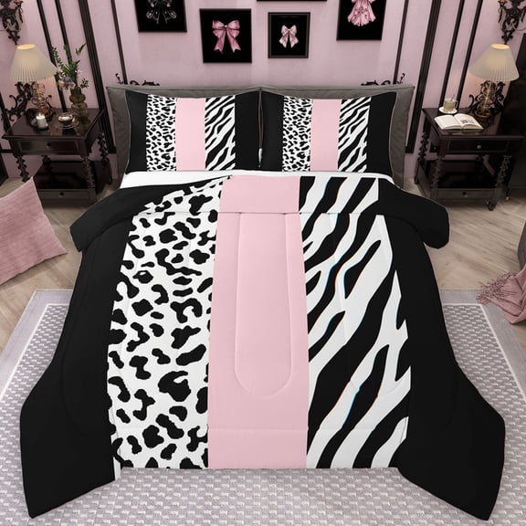 Castle Fairy Boys Girls Animal Zebra Leopard Print Bedding Comforter Set 2pcs,Abstract Geometric Stripes Twin Comforter Sets Microfiber,Black Pink Breathable Bedding Set,Breathable Home Decor