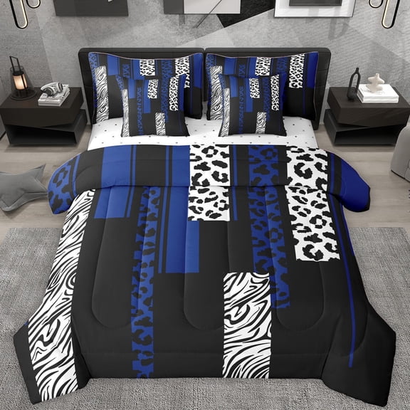 Castle Fairy Boys Girls Animal Zebra Leopard Print Bedding Comforter Set 7-Piece,Abstract Geometric Rectangle Stripes King Bedding Sets,Black Blue Ultra Soft Bed Sheets,Breathable Home Decor
