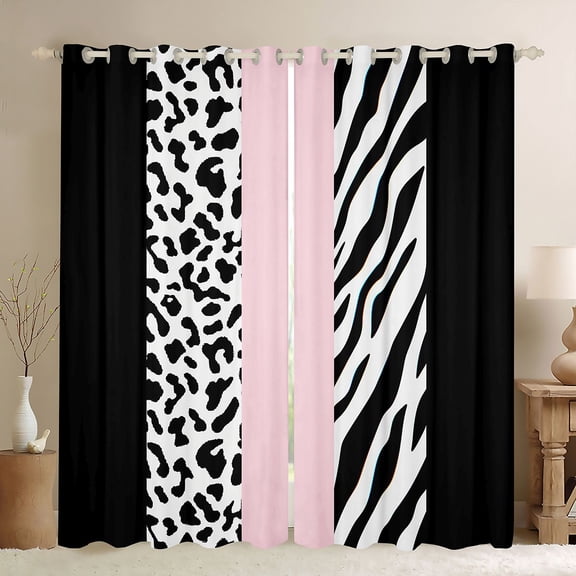 Castle Fairy Boys Girls Animal Zebra Leopard Print Black Out Curtains,Abstract Geometric Stripes Curtains Pack of 2 (42x63 Each),Black Pink Bedroom Curtains,Breathable Home Decor