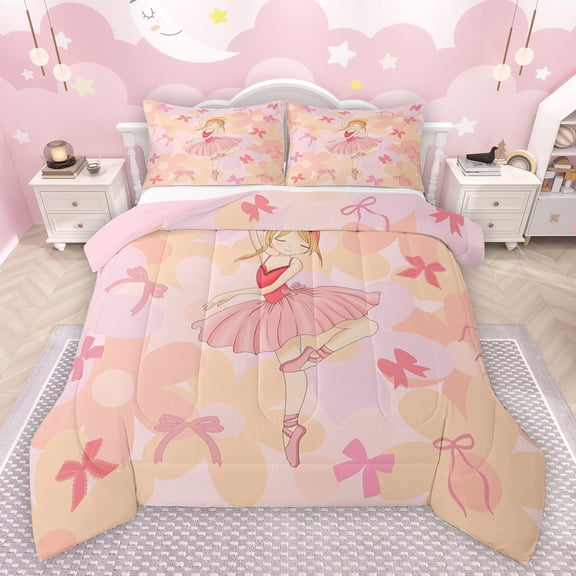 Castle Fairy Boys Girls Ballet Girl Full Size Comforter Sets 3-Piece,Kawaii Floral Flowers Bow Bedding Comforter Set,Dance Theme Lightweight Bedding Sets,Microfiber Bedroom Decor,Reversible