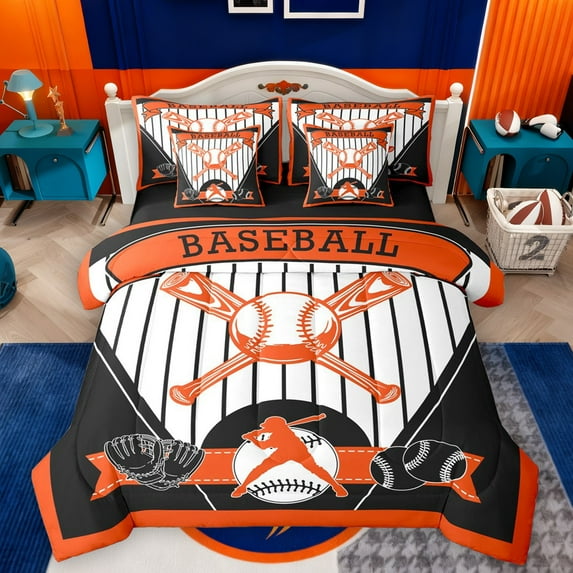 Castle Fairy Boys Girls Baseball Print Bedding Comforter Set 7-Piece,Ball Game King Bedding Sets,Sport Theme Ultra Soft Bed Sheets,Microfiber Bedroom Decor,Reversible