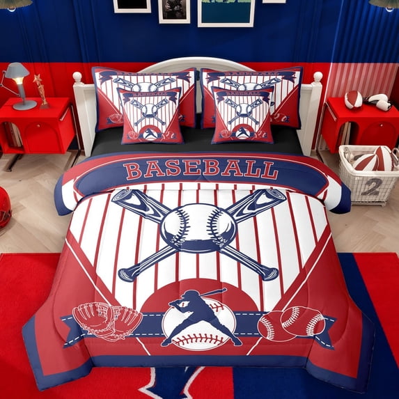 Castle Fairy Boys Girls Baseball Print Twin Bedding Sets 7-Piece,Ball Game Bedding Comforter Set Microfiber,Sport Theme Breathable Sheet Sets,Microfiber Bedroom Decor,Reversible