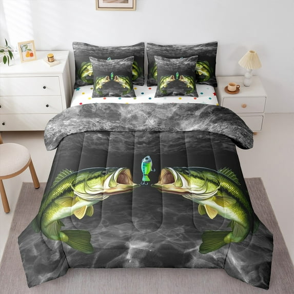 Castle Fairy Boys Girls Big Bass Fish Bedding Comforter Set 7-Piece,Fishing And Hunting King Bedding Sets,Lake House Ultra Soft Bed Sheets,Luxury Bedroom Decor,Reversible