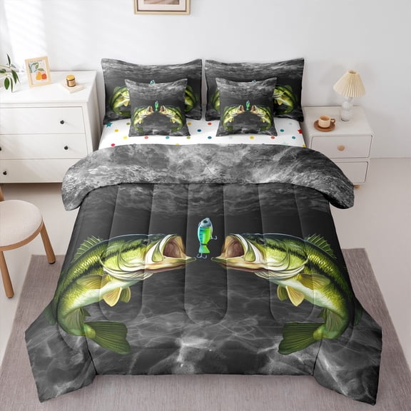 Castle Fairy Boys Girls Big Bass Fish Bedding Comforter Set 7-Piece,Fishing And Hunting King Bedding Sets,Lake House Ultra Soft Bed Sheets,Luxury Bedroom Decor,Reversible