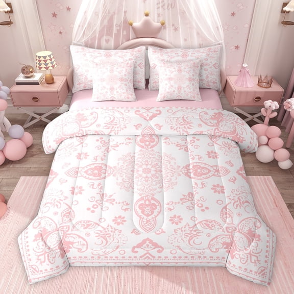 Castle Fairy Boys Girls Bohemian Damask Twin Bedding Sets 7-Piece,Exotic Style Bedding Comforter Set Microfiber,Traditional Floral Flower Breathable Sheet Sets,Super Cozy Room Decor,Reversible