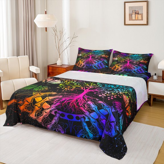 Castle Fairy Boys Girls Bohemian Tree Of Life Full Size Sheets 4-Piece,Gothic Abstract Gradient Skeleton Breathable Bed Sheets,Starry Sky Lightweight Sheet Sets,Luxury Bedroom Decor