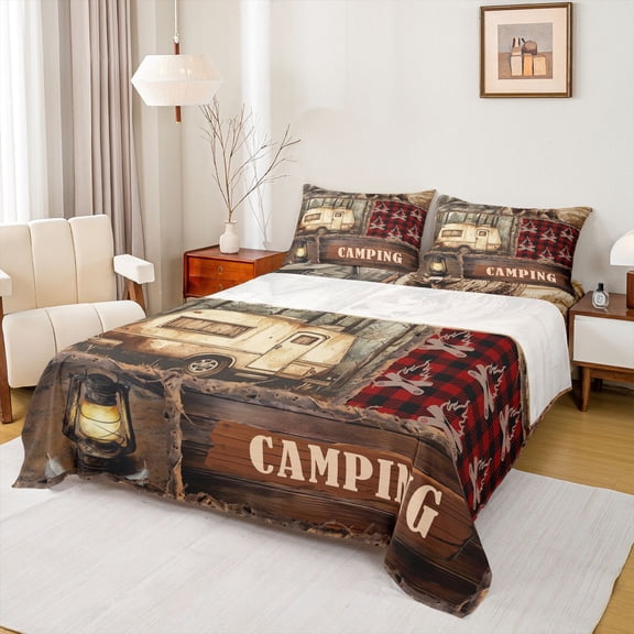 Castle Fairy Boys Girls Camping RV Car Full Size Sheets 4-Piece,Geometric Plaid Breathable Bed Sheets,Retro Vintage Lightweight Sheet Sets,Super Cozy Room Decor