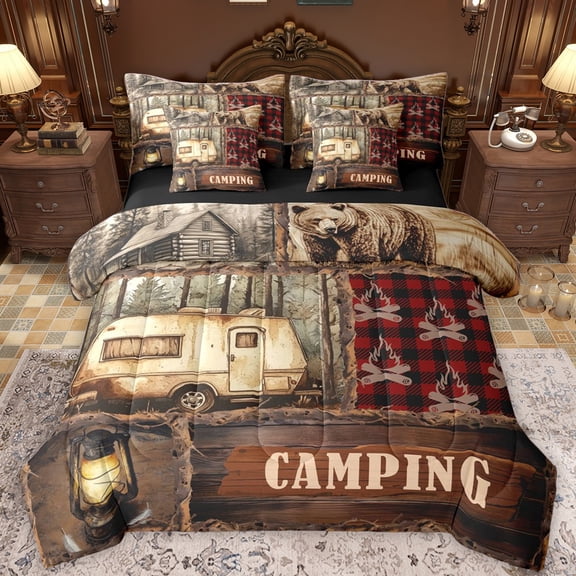 Castle Fairy Boys Girls Camping RV Car Twin Bedding Sets 7-Piece,Geometric Plaid Bedding Comforter Set Microfiber,Retro Vintage Breathable Sheet Sets,Super Cozy Room Decor,Reversible