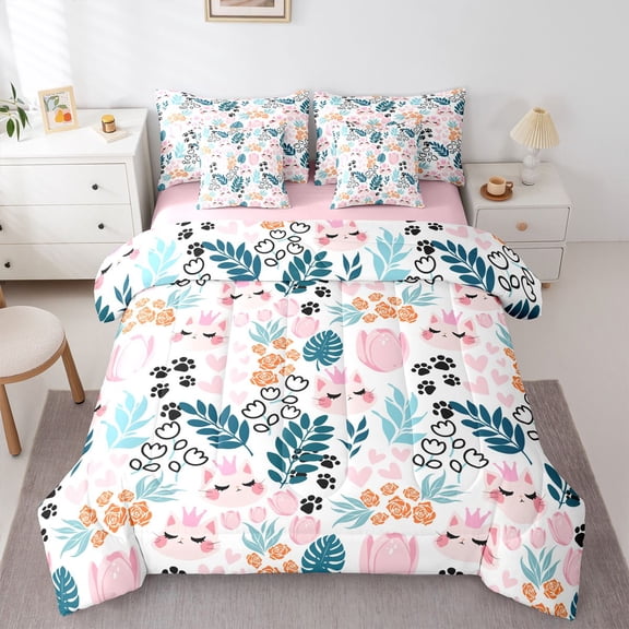 Castle Fairy Boys Girls Cartoon Cats Twin Bedding Sets 7-Piece,Kawaii Animal Pets Bedding Comforter Set Microfiber,Chic Flowers Blossoms Breathable Sheet Sets,Ultra Soft Home Decor,Reversible