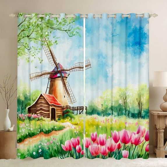 Castle Fairy Boys Girls Cartoon Cottage Windmill Curtains Pack of 2 (42x84 Each),Chic Floral Flowers Curtains Blackout,Spring Garden Bedroom Curtains,Microfiber Bedroom Decor