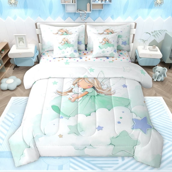 Castle Fairy Boys Girls Cartoon Rabbit Girl Bedding Comforter Set 7 Pieces,Dreamy Princess Full Bedding Set Lightweight,Cute Stars Print Fitted Sheet Flat Sheet,Microfiber Bedroom Decor,Reversible