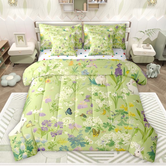 Castle Fairy Boys Girls Cartoon Rabbit Twin Bedding Sets 7-Piece,Kawaii Animal Butterflies Bedding Comforter Set Microfiber,Chic Flowers Blossoms Breathable Sheet Sets,Ultra Soft Home Decor