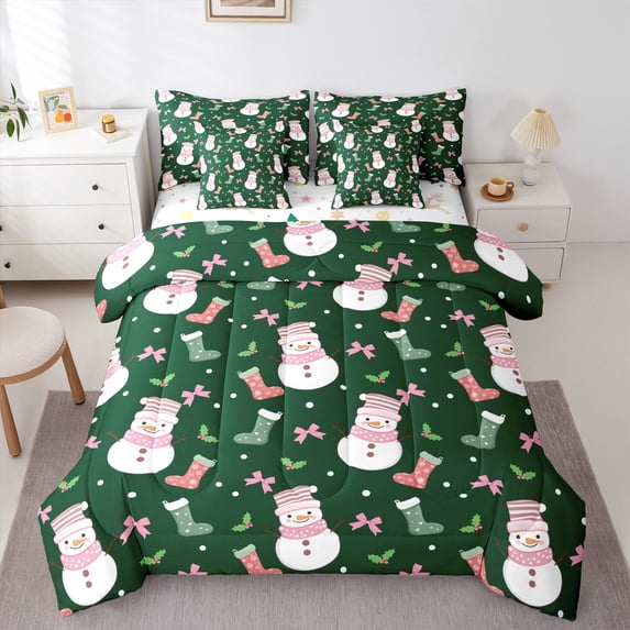 Castle Fairy Boys Girls Cartoon Winter Bow Snowman Twin Bedding Sets 7-Piece,Happy New Year Bedding Comforter Set Microfiber,Merry Christmas Xmas Breathable Sheet Sets,Super Cozy Room Decor