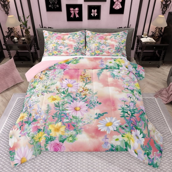 Castle Fairy Boys Girls Chic Floral Daisy 3 Pieces Queen Comforter Set,Spring Garden Ultra Soft Bedding Sets,Gradient Pink Cloud Sky Bedding Comforter Set Breathable,Super Cozy Room Decor,Reversible