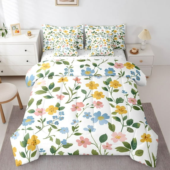 Castle Fairy Boys Girls Colorful Flowers Bedding Comforter Set 7pcs,Spring Garden Queen Bedding Sets Super Cozy,Chic Floral Blossoms Queen Sheet Sets,Ultra Soft Home Decor,Reversible