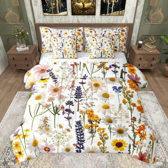 Castle Fairy Boys Girls Colorful Flowers Daisy Twin Bedding Sets 7-Piece,Chic Floral Blossoms Bedding Comforter Set Microfiber,Spring Garden Breathable Sheet Sets,Super Cozy Room Decor,Reversible
