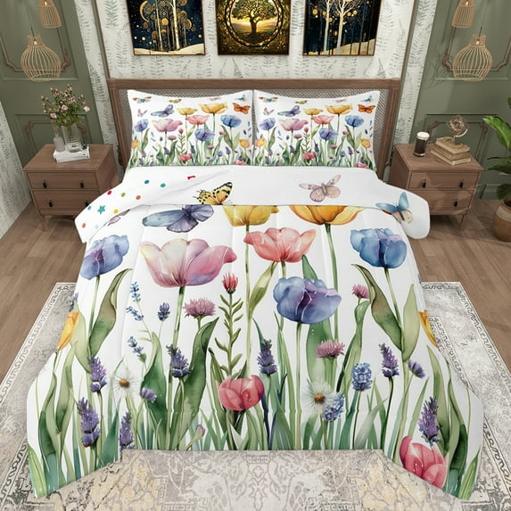 Castle Fairy Boys Girls Colorful Tulip Flowers Bedding Comforter Set 2pcs,Spring Garden Butterflies Twin Comforter Sets Microfiber,Chic Floral Blossoms Breathable Bedding Set,Ultra Soft Home Decor