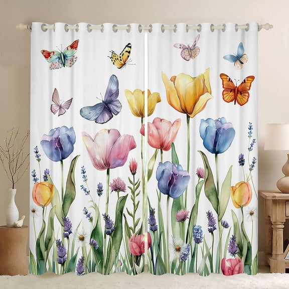 Castle Fairy Boys Girls Colorful Tulip Flowers Black Out Curtains,Spring Garden Butterflies Curtains Pack of 2 (42x63 Each),Chic Floral Blossoms Bedroom Curtains,Ultra Soft Home Decor