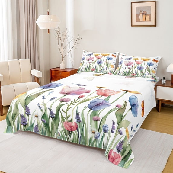 Castle Fairy Boys Girls Colorful Tulip Flowers Full Size Sheets 4-Piece,Spring Garden Butterflies Breathable Bed Sheets,Chic Floral Blossoms Lightweight Sheet Sets,Ultra Soft Home Decor