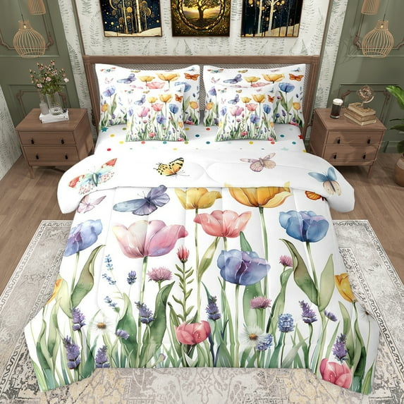 Castle Fairy Boys Girls Colorful Tulip Flowers Twin Bedding Sets 7-Piece,Spring Garden Butterflies Bedding Comforter Set Microfiber,Chic Floral Blossoms Breathable Sheet Sets,Ultra Soft Home Decor