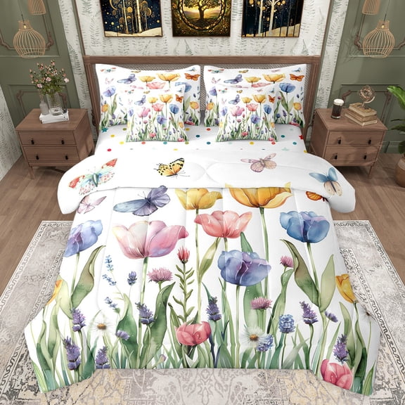 Castle Fairy Boys Girls Colorful Tulip Flowers Twin Bedding Sets 7-Piece,Spring Garden Butterflies Bedding Comforter Set Microfiber,Chic Floral Blossoms Breathable Sheet Sets,Ultra Soft Home Decor
