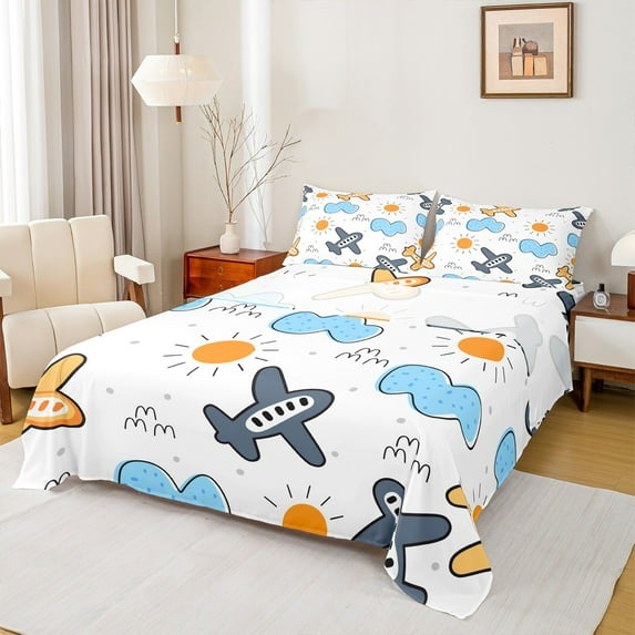 Castle Fairy Boys Girls Cute Aircraft Airplane Twin Sheet Sets 3pcs,Transportation Theme Twin Fitted Sheet Microfiber,Cartoon Plane Breathable Flat Sheet,Breathable Home Decor