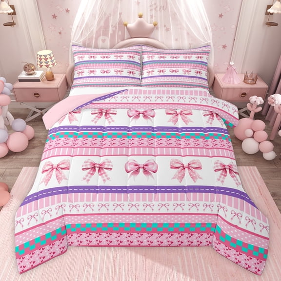 Castle Fairy Boys Girls Cute Bowknot Twin Comforter Sets,Pink Purple Bedding Set