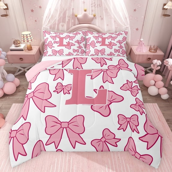 Castle Fairy Boys Girls Cute Bowtie Letter Monogrammed L Bedding Comforter Set 2pcs,Cartoon Bow Bowknot Twin Comforter Sets Microfiber,Dreamy Princess Breathable Bedding Set,Breathable Home Decor