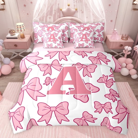 Castle Fairy Boys Girls Cute Bowtie Letter Monogrammed A Twin Bedding Sets 7-Piece,Cartoon Bow Bowknot Bedding Comforter Set Microfiber,Dreamy Princess Breathable Sheet Sets,Breathable Home Decor