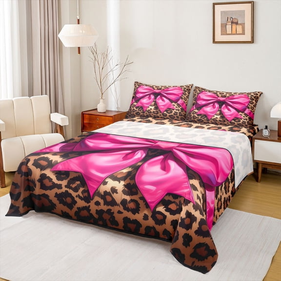 Castle Fairy Boys Girls Dreamy Bowtie Bed Sheets,Vintage Leopard Print King Sheets