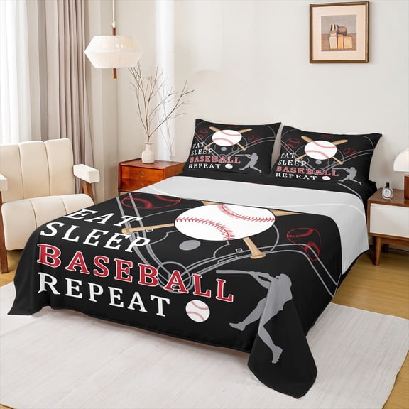 Castle Fairy Boys Girls Eat Sleep Baseball Full Size Sheets 4-Piece,Ball Gamer Breathable Bed Sheets,Sport Theme Lightweight Sheet Sets,Luxury Bedroom Decor