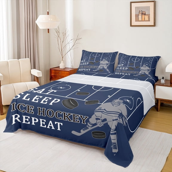 Castle Fairy Boys Girls Eat Sleep Ice Hockey Full Size Sheets 4-Piece,Ball Gamer Breathable Bed Sheets,Sport Theme Lightweight Sheet Sets,Luxury Bedroom Decor