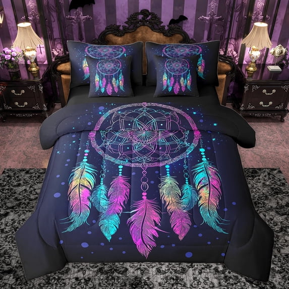 Castle Fairy Boys Girls Feather Dreamcatcher Bedding Comforter Set 7-Piece,Bohemian Boho Mandala King Bedding Sets,Abstract Gradient Ultra Soft Bed Sheets,Luxury Bedroom Decor,Reversible