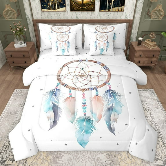 Castle Fairy Boys Girls Feather Dreamcatcher Bedding Comforter Set 7pcs,Bohemian Boho Theme Queen Bedding Sets Super Cozy,Stars Print Queen Sheet Sets,Luxury Bedroom Decor,Reversible