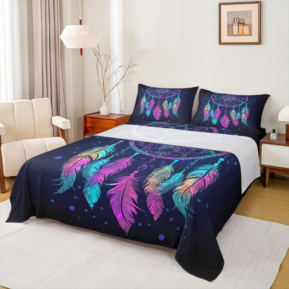 Castle Fairy Boys Girls Feather Dreamcatcher Twin Sheet Sets 3pcs,Bohemian Boho Mandala Twin Fitted Sheet Microfiber,Abstract Gradient Breathable Flat Sheet,Luxury Bedroom Decor